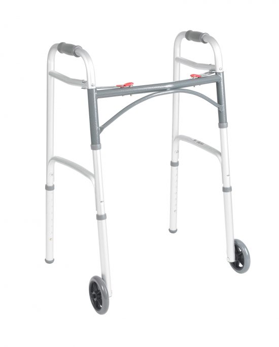 Deluxe Folding Walker, Two Button with 5” Wheels