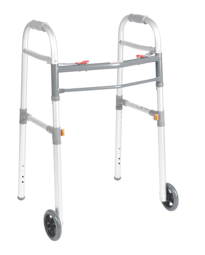 Two Button Folding Universal Walker with 5” Wheels